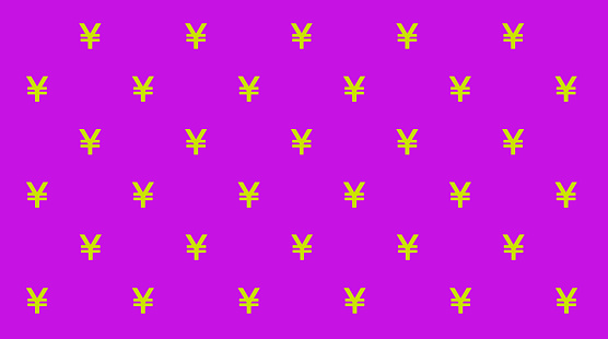 Yellow Green Japanese Yen Sign Pattern on Purple Background