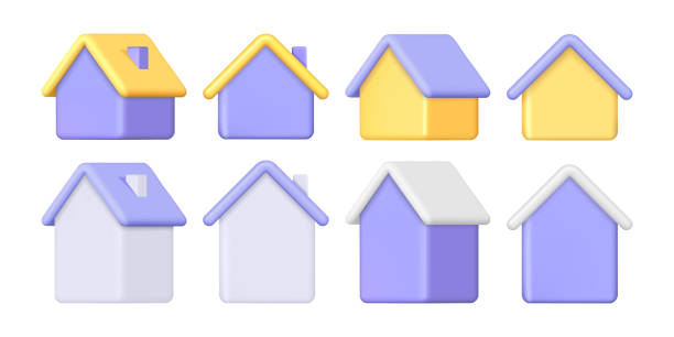 istock Blank homes with roofs and chimney, empty walls. Vector isolated set of houses, construction buildings in front and side view. Cottage or apartment for living, real estate or housing concept 2111791439