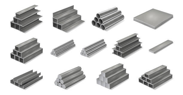 ilustraciones, imágenes clip art, dibujos animados e iconos de stock de pila de tuberías, pila realista aislada de piezas metálicas para la construcción de edificios e industrias. ingeniería y reparación de vectores, sistemas de fontanería y drenaje. tecnologías de tuberías y tuberías - acero