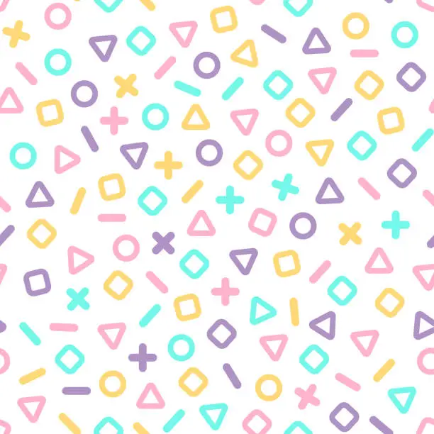 Vector illustration of Seamless vector pattern with geometric shapes in Memphis style. Trending modern colors. Triangle, circle, rhombus, square, plus, minus. Perfect for your designs
