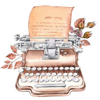 Retro typewriter with old paper and leaves. Watercolor illustration isolated on white background.