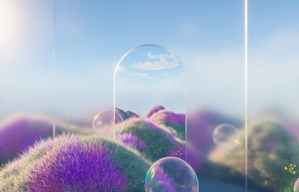 istock Abstract spring flower landscape scene with water bubble. 3d rendering. 2111807998