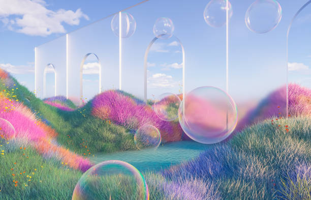 istock Abstract spring flower landscape scene with water bubble. 3d rendering. 2111808510