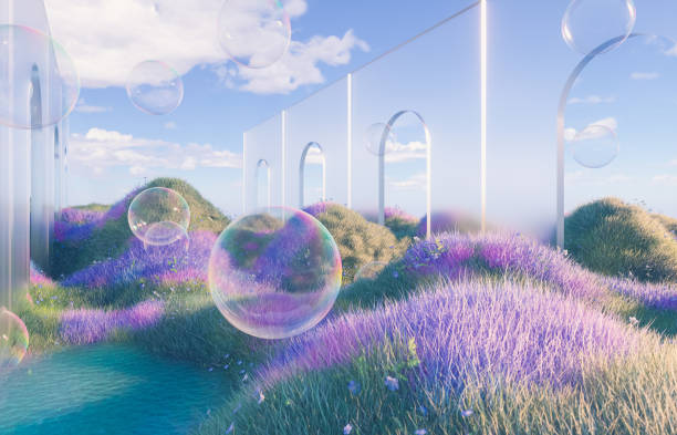 istock Abstract spring flower landscape scene with water bubble. 3d rendering. 2111808520