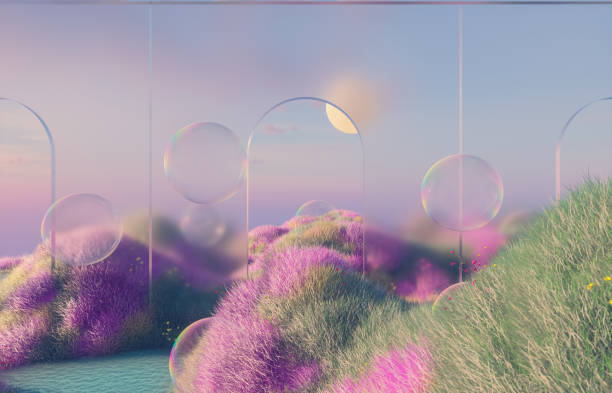 istock Abstract spring flower landscape scene with water bubble. 3d rendering. 2111808537
