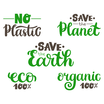 Handwritten modern lettering set of ecological phrases. Save the Earth, Planet, No plastic, Organic 100%, Eco. Vector calligraphy isolated on white background.