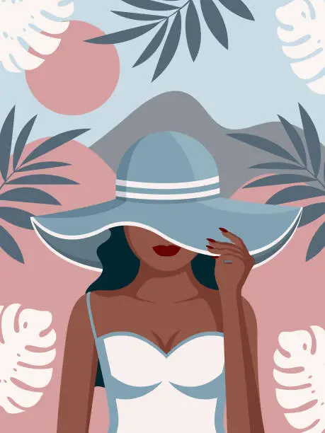 Vector illustration of Beautiful dark-skinned girl in a swimsuit and a hat. Woman on vacation. Red lipstick. Background of mountains and sun. Retro illustration. Vector