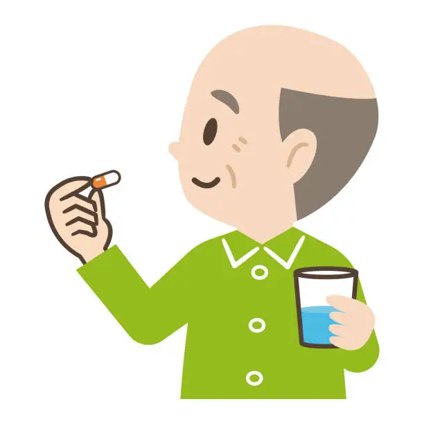 Vector illustration of Vector illustration of elderly person drinking capsule medicine