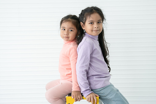 Portrait of Asian two little sisters, 6 year and 3 year old, in casual long sleeve t shirt clothes with black long hairs. Sibling sitting back to back on a ladder, smiling and looking at camera