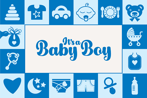 Newborn Baby Boy Greeting card design with a frame made of related icons and symbols. Suitable for greeting cards, banners, and invitations. Horizontal format.