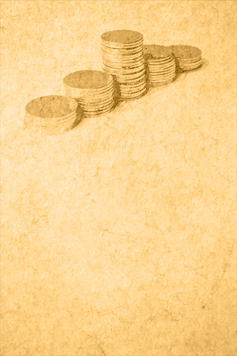Vector illustration of Heaps of traced money or pile of old faded distressed golden colored currency coins arranged as mountain or set or stacks of abundant money over beige coloured vintage classic style vertical background with copy space