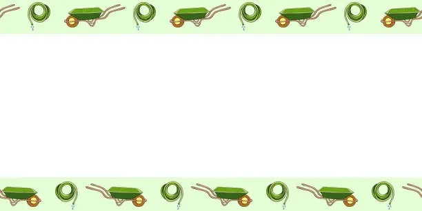 Vector illustration of Vector frame from garden wheelbarrow, rolled hose for irrigation. Garden tool, work equipment. Horizontal upper and lower edging, border, divider on topic of gardening, farming, agriculture