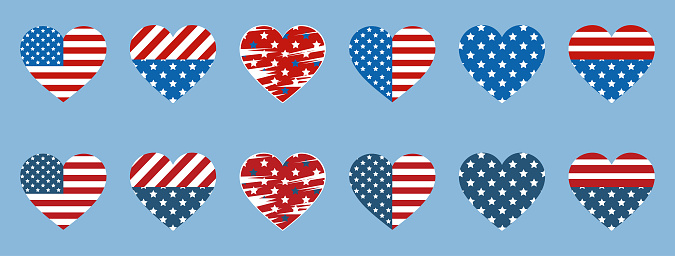 Set of hearts for the United States Independence Day. July 4. American flag. Deeper and brighter color. Isolated on a blue background.