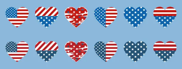 Vector illustration of Set of hearts for the United States Independence Day. July 4. American flag. Deeper and brighter color. Isolated on a blue background.