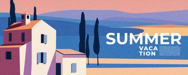 Summer nature landscape poster, banner, cover, card with summer fields, houses, mountains and typography design. Summer holidays, vacation travel in Europe illustration. Website header