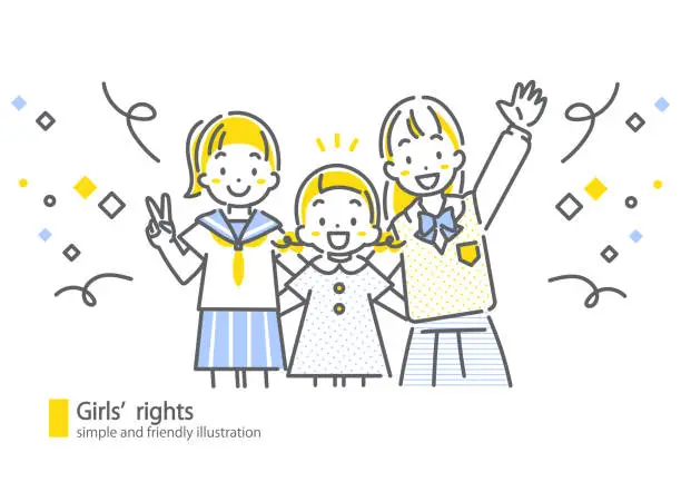 Vector illustration of schoolgirls, happy, cute and friendly illustration