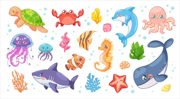 Vector illustration of Big marine set in childish style. Vector illustrations of sea life, animals, shells, corals, fish. Collection on theme of sea in cartoon
