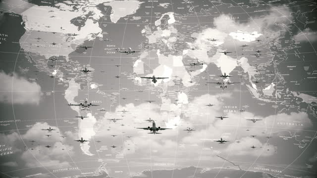 Aircrafts Flying Over World Map, Old Film Effect