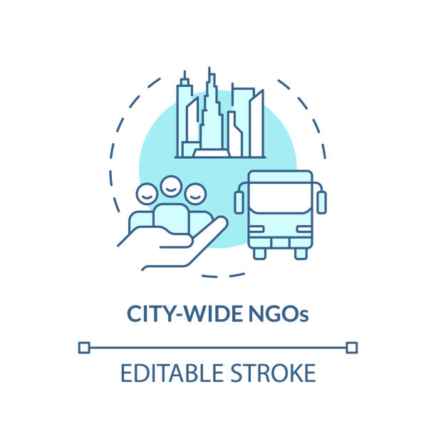 City wide NGOs soft blue concept icon City wide NGOs soft blue concept icon. Non governmental organization. Urban planning. Public transport. Round shape line illustration. Abstract idea. Graphic design. Easy to use in article public service icon stock illustrations