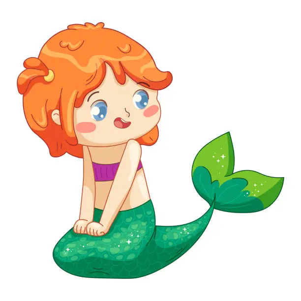 Vector illustration of Cute little mermaid with red hair and green fish tail. Vector illustration in childish style for baby shower, goods, clothes