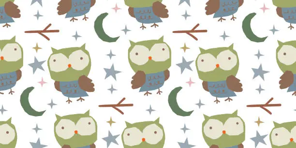 Vector illustration of Funny little owl kids drawing style seamless pattern
