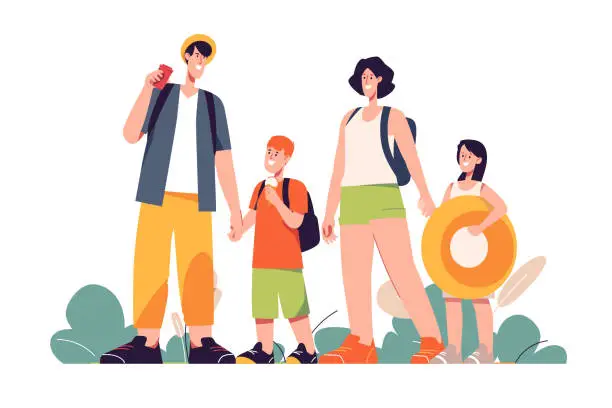 Vector illustration of Happy traveling tourist family. Vector illustration