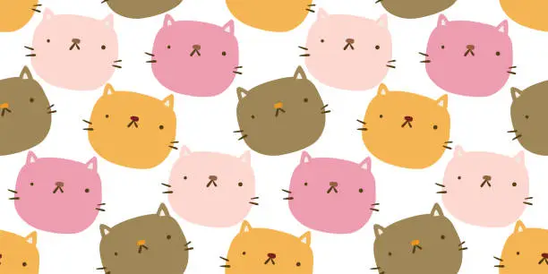 Vector illustration of Hand drawn cute cat head face colorful seamless pattern