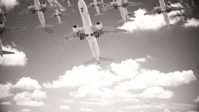 Passenger Planes Flying In Cloudy Sky, Old Film Effect