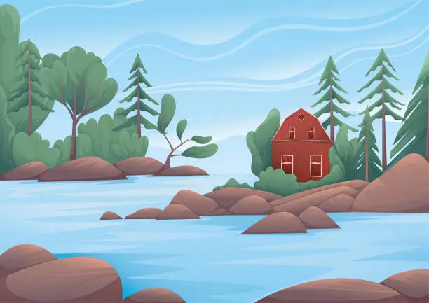 Vector illustration of Nordic red woodn house on the sea shore