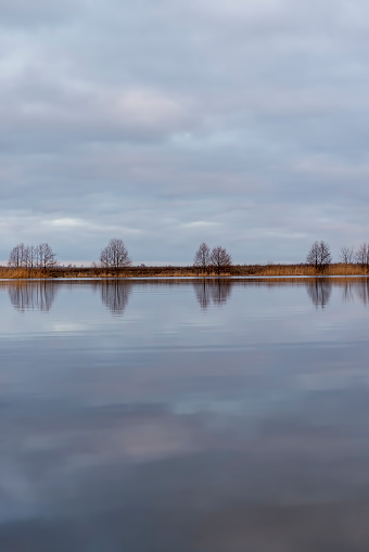 lake in winter during sunrise, a large lake in winter in the morning during sunrise