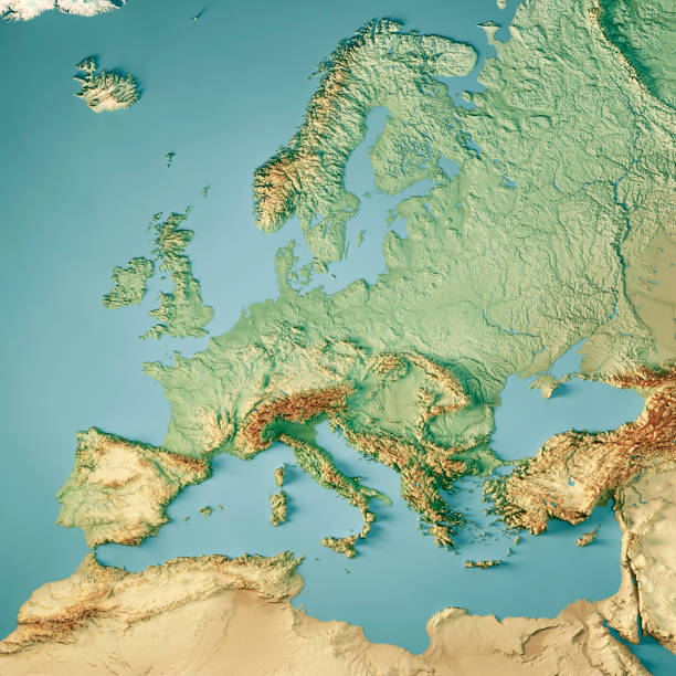 3D Render of a Topographic Map of Europe. Lambert Conformal Conic Projection.All source data is in the public domain.Color texture and Water: Made with Natural Earth. http://www.naturalearthdata.com/downloads/10m-raster-data/10m-cross-blend-hypso/http://www.naturalearthdata.com/downloads/10m-physical-vectors/Relief texture: GMTED 2010 data courtesy of USGS. URL of source image:https://topotools.cr.usgs.gov/gmted_viewer/viewer.htm