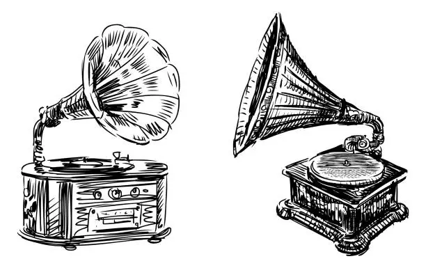 Vector illustration of Gramophone,old musical instrument, music, playing records, retro style, sketches, doodles, black and white vector hand drawing isolated on white