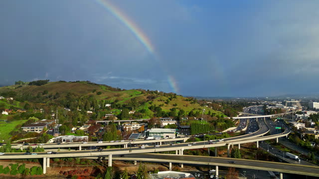 Walnut Creek Intersection with a Rainbow Over Interstate 680 and 24 in California, USA.