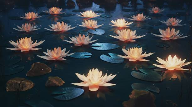 istock 3d render Lotus flowers on a magical night on the water 2111888763
