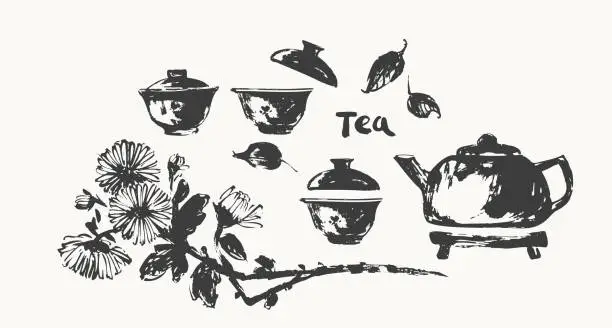 Vector illustration of Hand drawn ink sketch of teapot, cups, chrysanthemum, leaves traditional japanese sumi-e style