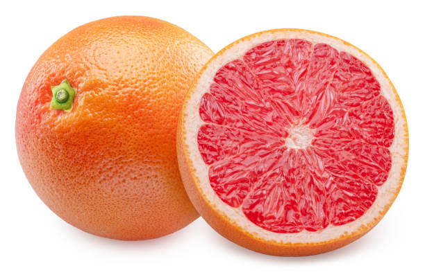 istock Red grapefruit and grapefruit cross section on white background. File contains clipping path. 2111889891