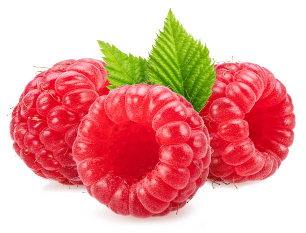 istock Ripe perfect raspberries with green leaf isolated on white background. 2111891011