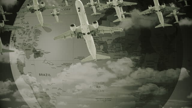 Passenger Planes Flying Around World Old Film Effect, Black And White