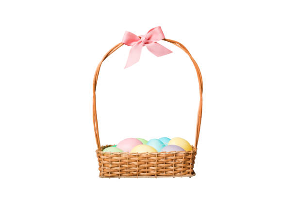 Basket of colorful Easter eggs isolated on white background. Easter basket filled with colored eggs top view holiday concept .