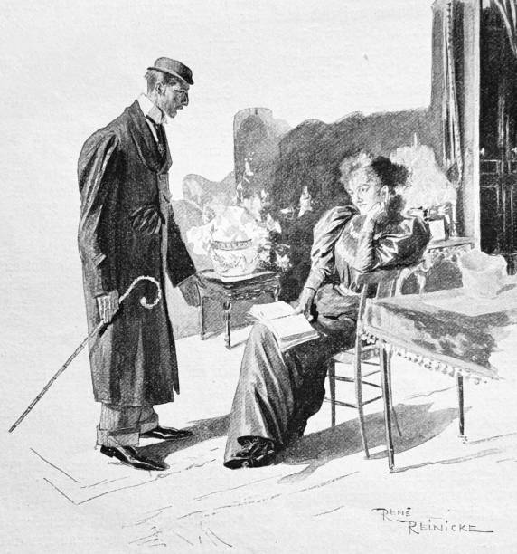 istock Man with pole talking to a woman sitting at a table holding a book on her lap 2111895410