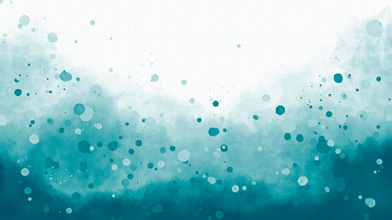 Abstract Teal Seascape Watercolor Painting on Watercolor Paper with Splashing Water Drops - subtle paper texture is visible