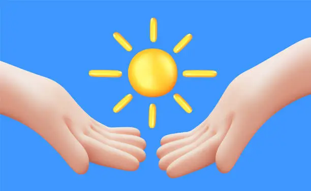 Vector illustration of Vector weather illustration of gesture hand hold yellow sun on blue color background. 3d style design of man white skin hand give golden sun