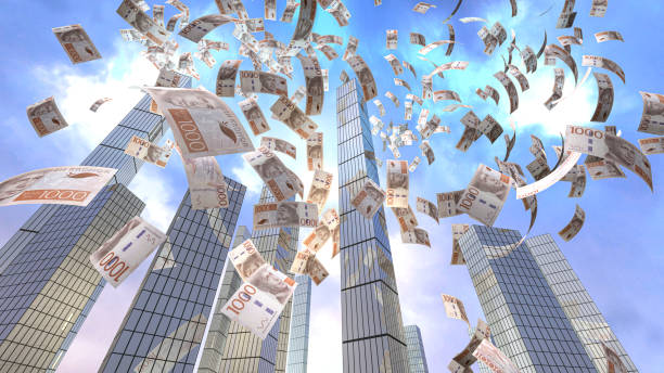 istock Swedish Kronas Flying in City 2111925900