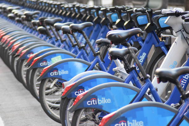 New York, NY USA - March 25, 2024: New York City, Citi Bike Bicycles at Rack Station in Manhattan