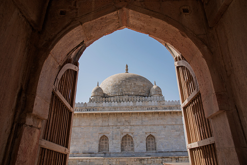View of Hoshang Shah Tomb from entrance door in Jama Masjid, Mandu, Madhya Pradesh, India, Asia.
