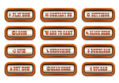 Gray buttons in a wooden frame. Big set of vector buttons for web design.