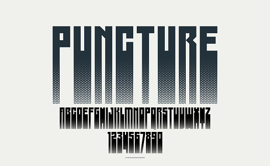 Halftone dotted futuristic cyberpunk font for logos and posters, vector brutal industrial typeface alphabet letters and numbers, urban technic future typography.