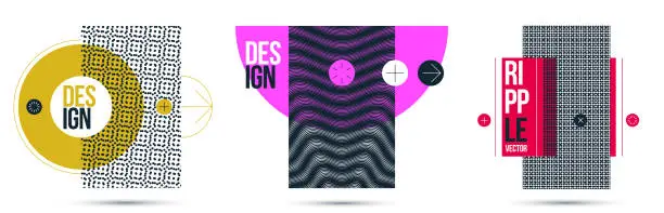 Vector illustration of Moire op art vector design elements, graphic style posters and banners and brochures set, abstract modern art with distorted grid.