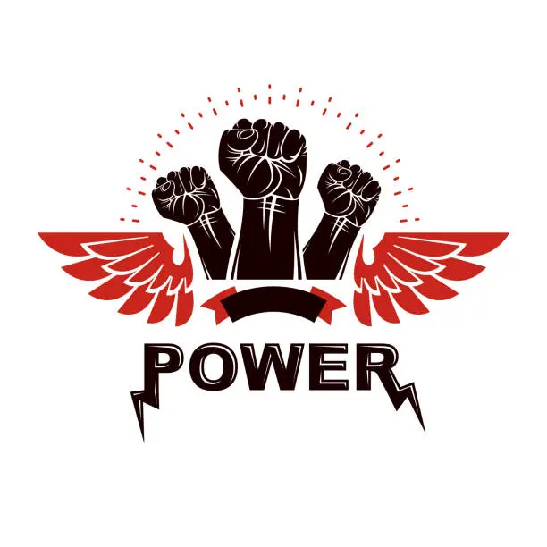 Vector illustration of Winged clenched fists of angry people vector emblem. People demonstration, fighting for their rights and freedom.