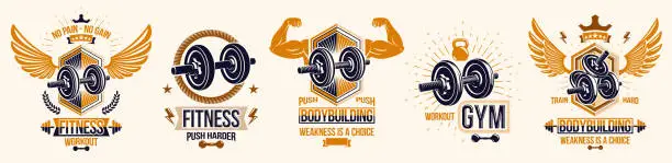 Vector illustration of Gym fitness sport emblems and logos vector set isolated with barbells dumbbells kettlebells and muscle body man silhouettes and hands, athletics workout sport club, active lifestyle.